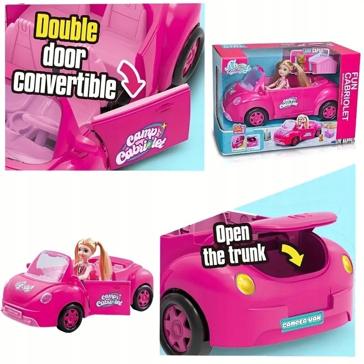 Lalka w samochodzie z pieskiem i koszykiem DLA DZIEWCZYN kabriolet prezent