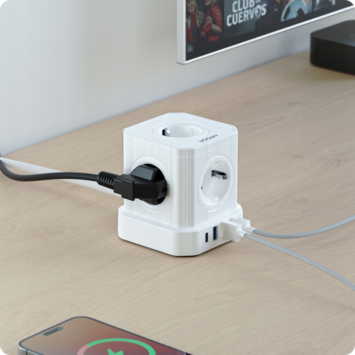 Biały Listwa Zasilająca Voomy PowerCube S6 z Jednym USB-C i Trzema USB-A