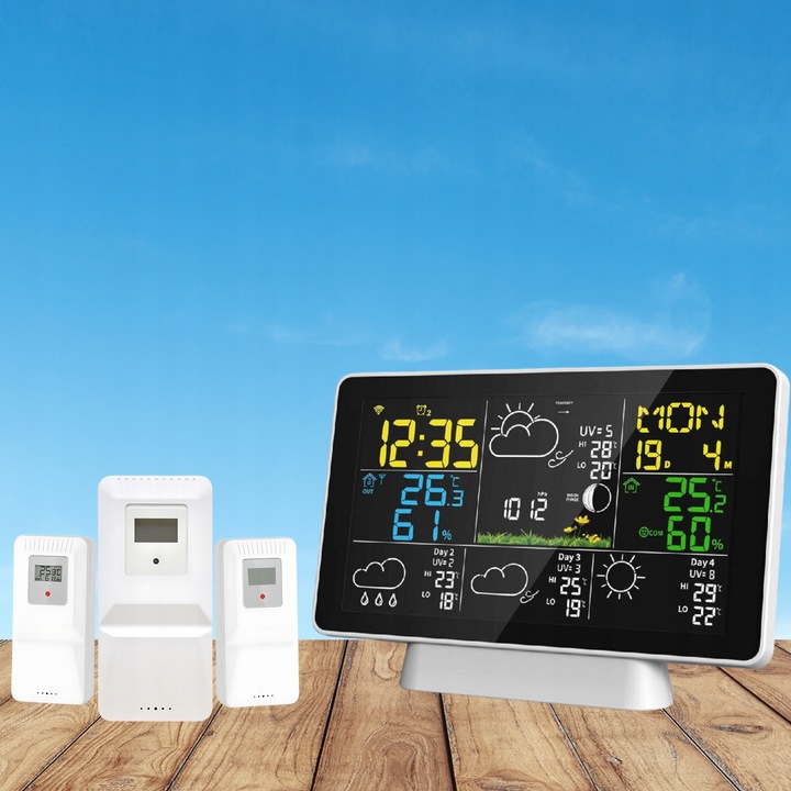STACJA POGODOWA METEOROLOGICZNA WIFI 3 CZUJNIKI BUDZIK UV hPa TEMP
