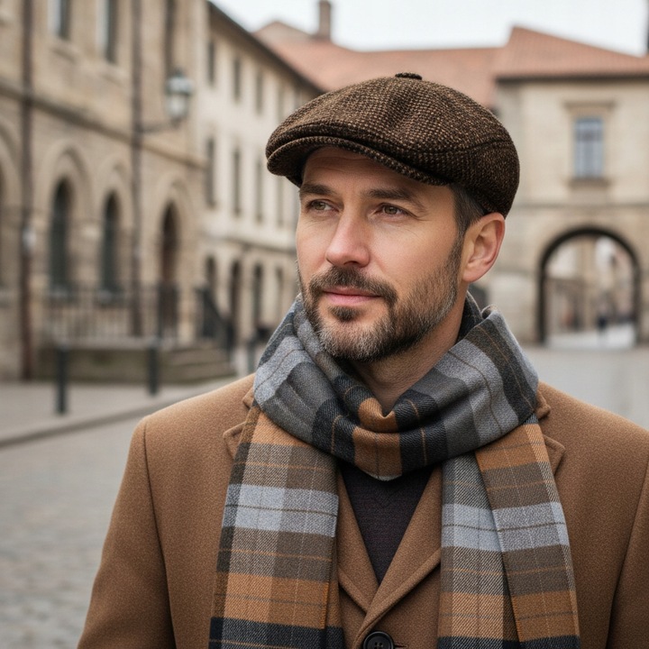 Kaszkiet Męski i Szalik Pako Jeans Elegancki Komplet Dla Niego Brązowy