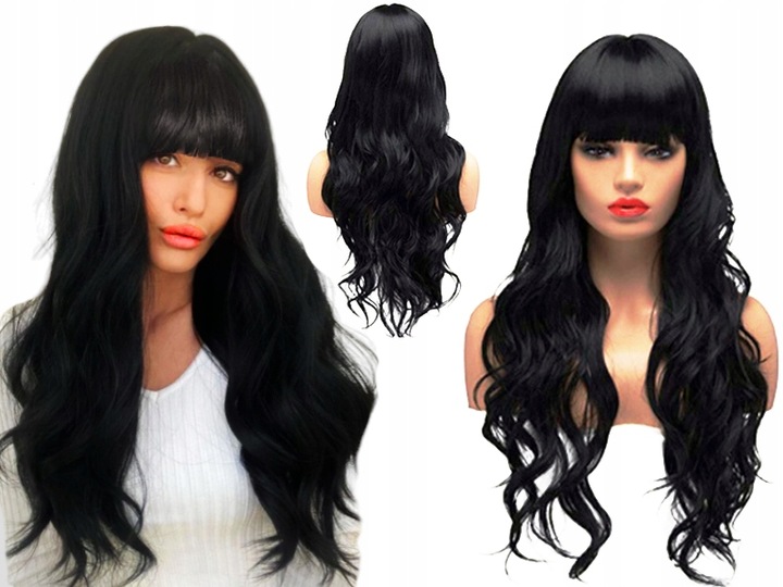 PERUKA DAMSKA WŁOSY DŁUGIE CZARNE FALE SZTUCZNE SYNTETYCZNE 65 CM Z GRZYWKĄ