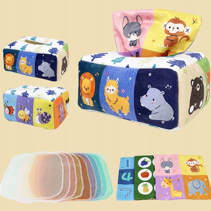 SORTER PUDEŁKO Z CHUSTECZKAMI ZWIERZĄTKA PLUSZOWE MONTESSORI SENSORYCZNE