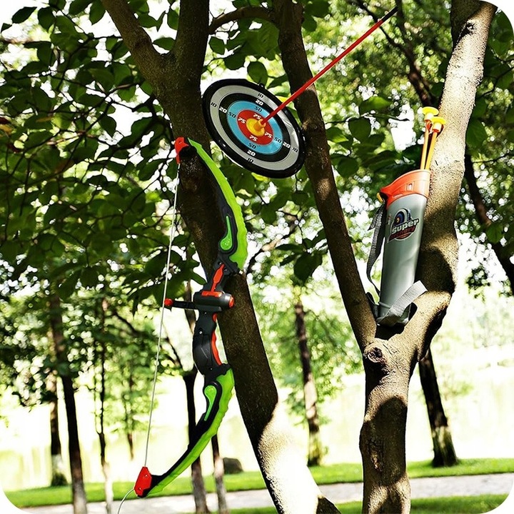 ŁUK DLA DZIECI ZESTAW Z TARCZĄ STRZAŁAMI KOŁCZANEM BEZPIECZNY ŚWIECĄCY DUŻY