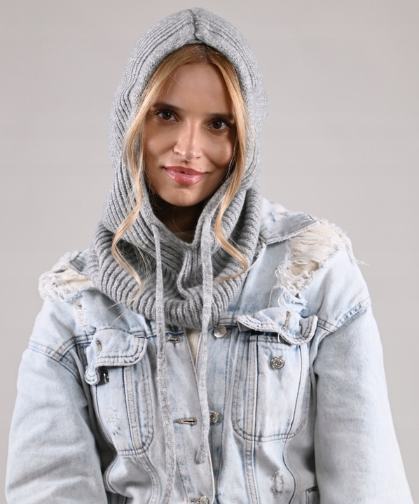 Czapka damska szara KAPTUR modny balaclava Kominiarka komin miekka zimowa