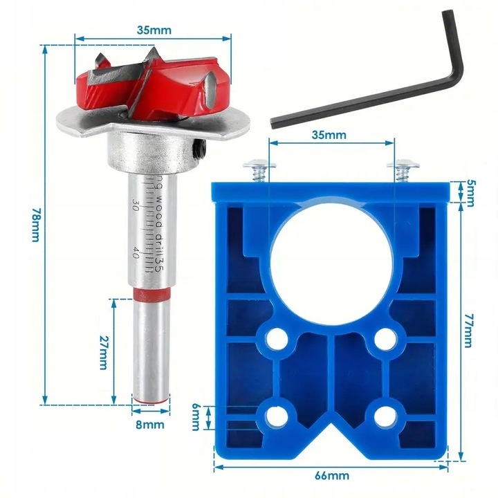 Frez do zawiasów puszkowych fi 35mm z ogranicznikiem głębokości i szablonem