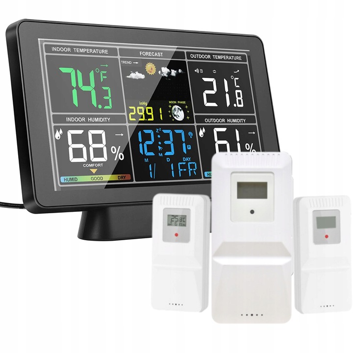 STACJA POGODY BEZPRZEWODOWA HIGROMETR TERMOMETR CIŚNIENIE 3 CZUJNIKI hPa