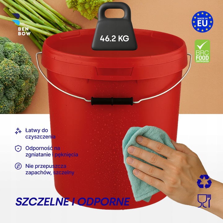 Wiadro na żywność 30L Czerwone z rączką i pokrywą