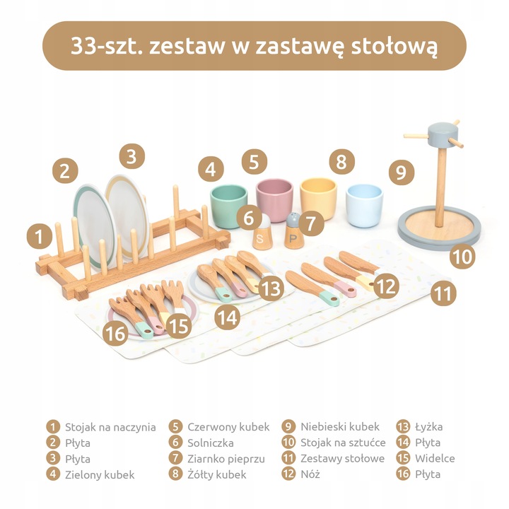 UMU Zestaw naczyń drewnianych dla dzieci 28 szt.