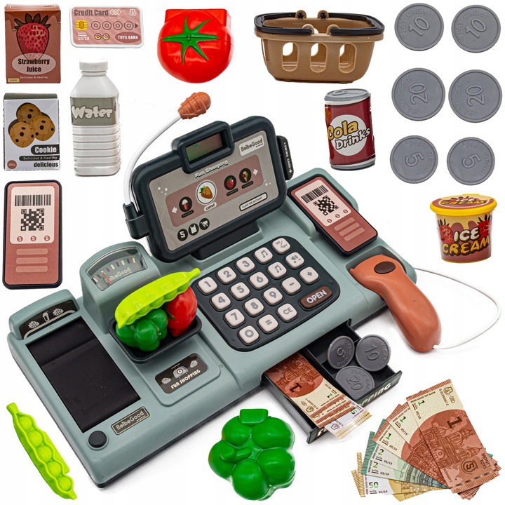 Edukacyjna Sklepowa Kasa Fiskalna Mikrofon Waga Koszyk Czytnik Kodów Monety