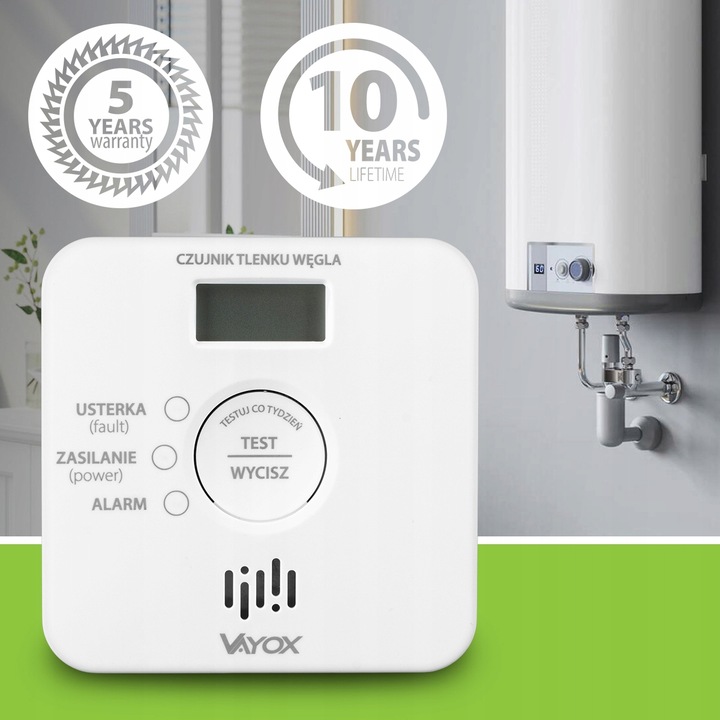 CZUJNIK CZADU DETEKTOR TLENKU WĘGLA WYKRYWACZ 10LAT ŻYWTONOŚCI 85db VAYOX