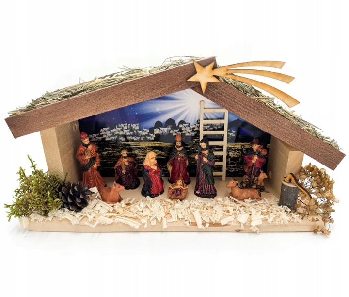 SZOPKA BOŻONARODZENIOWA DREWNIANA Z OŚWIETLENIEM NATURALNA + FIGURY 9 CM