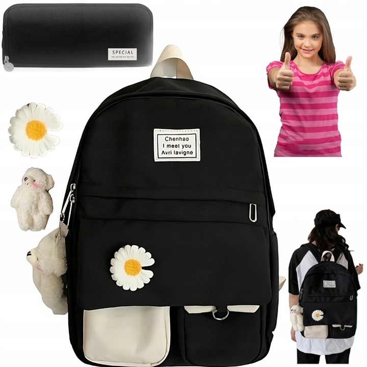 PLECAK SZKOLNY DLA DZIEWCZYNKI DUŻY A4 MODNY TORNISTER MŁODZIEŻOWY CZARNY