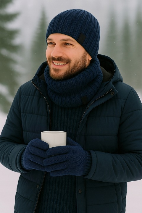 CIEPŁY KOMPLET męski CZAPKA + KOMIN + RĘKAWICZKI DOTYKOWE zimowy POLSKI /RG