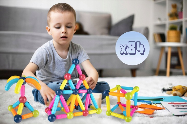 KLOCKI MAGNETYCZNE EDUKACYJNE DUŻE 84 ELEMENTY KONSTRUKCYJNE ZESTAW