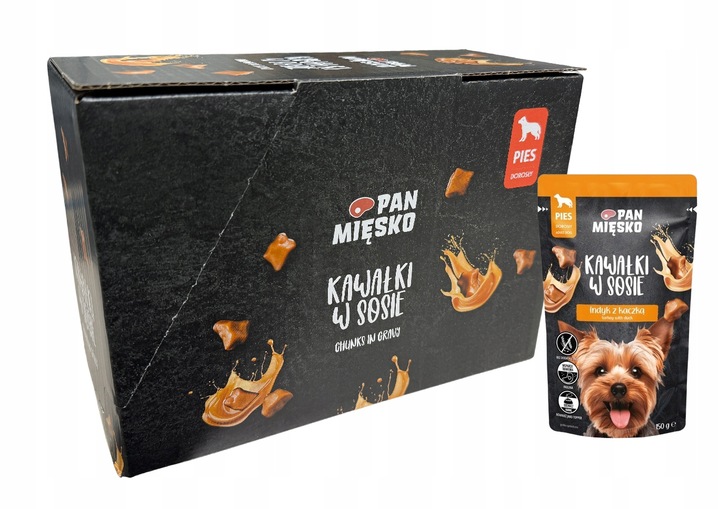 Pan Mięsko Karma mokra dla psa Kawałki w sosie INDYK z KACZKĄ 10x150g