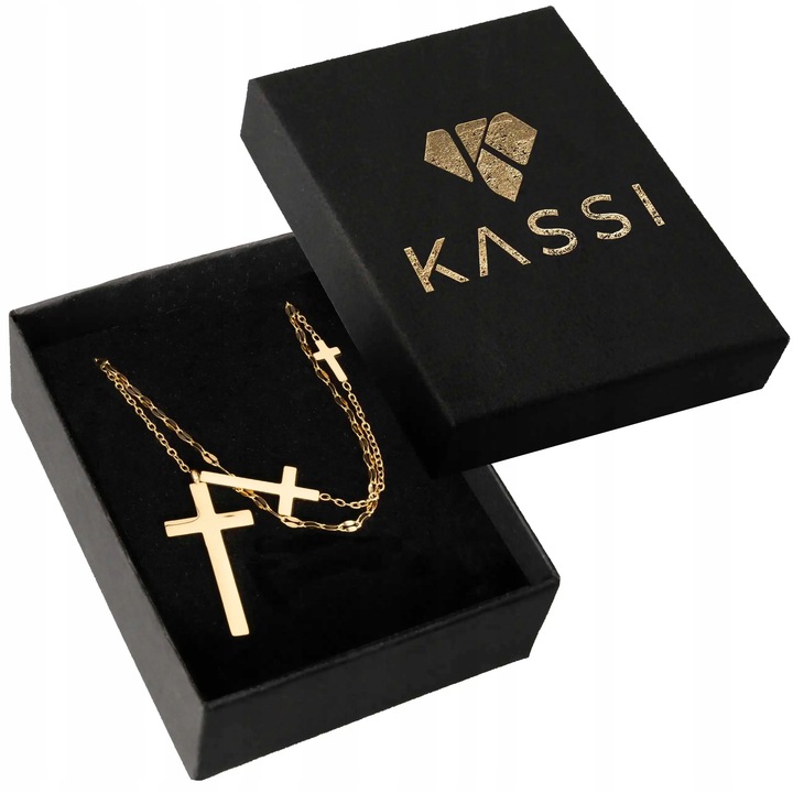 Pozłacany Naszyjnik Damski ze Stali Szlachetnej Wielowarstwowy z Krzyżykami