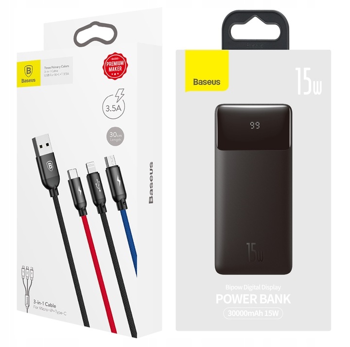 POJEMNY POWERBANK BASEUS 30000MAH PD 15W KABEL 3w1 DO LIGHTNING USB-C MICRO