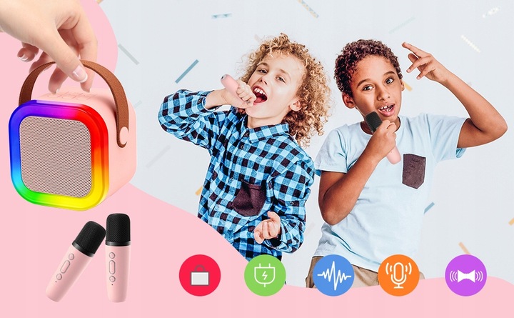 MASZYNA KARAOKE DŹWIĘK STEREO GŁOŚNIK BLUETOOTH 3 TRYBY LED 2 MIKROFONY