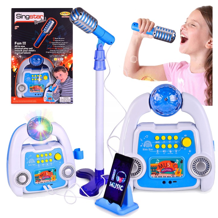 ZESTAW DO KARAOKE MIKROFON DLA DZIECI WZMACNIACZ STATYW EFEKTY NAGRYWANIE