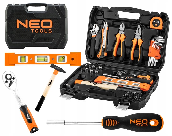 NEO ZESTAW NARZĘDZI KLUCZE NASADOWE 60 SZTUK TORX IMBUS MŁOTEK SZCZYPCE NÓŻ