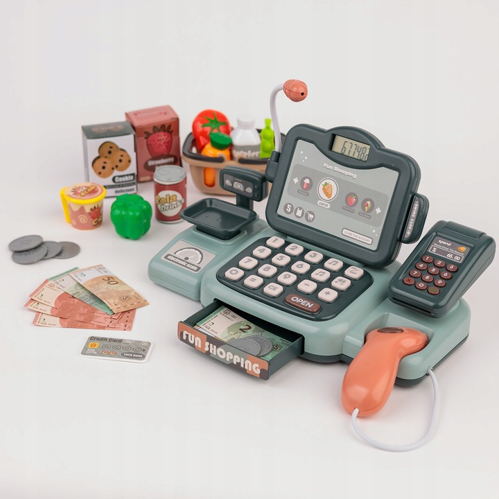 KASA FISKALNA SKLEPOWA INTERAKTYWNA SKANER WYŚWIETLACZ LCD DZWIĘK AKCESORIA