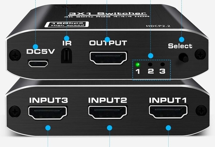 SWITCH HDMI 2.0 3x1 PRZEŁĄCZNIK ROZDZIELACZ ULTRA HD HDCP 2.2 HDR10 4K/60HZ