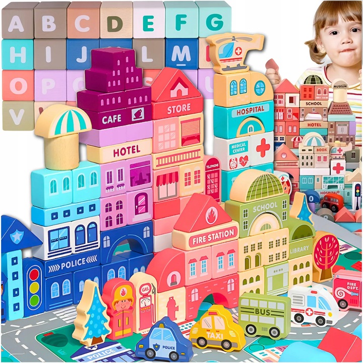 ZESTAW Klocki drewniane Miasto Auta Zestaw Puzzle Mata 115 Klocków EDU