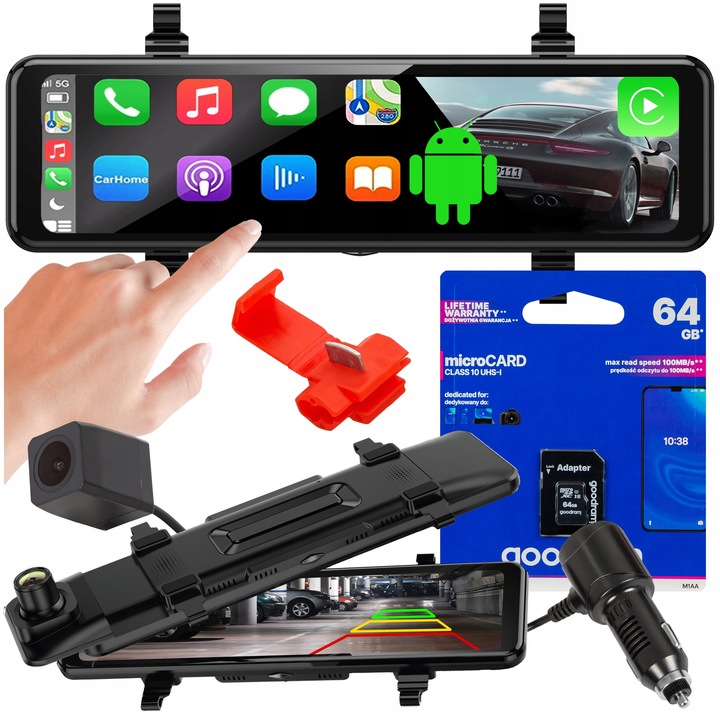 REJESTRATOR LUSTERKO 10,88 KAMERA COFANIA ANDROID CARPLAY 2K QHD KARTA 64GB