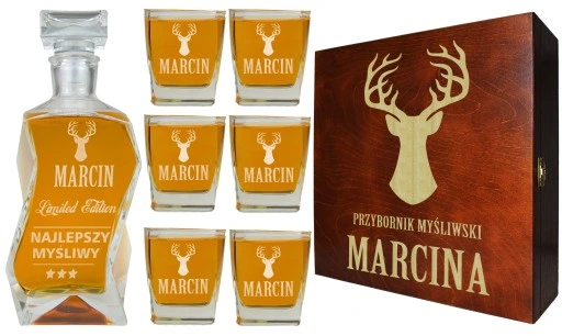 KARAFKA + 6 SZKLANEK DO WHISKY W PUDEŁKU Z GRAWEREM PREZENT DLA MYŚLIWEGO