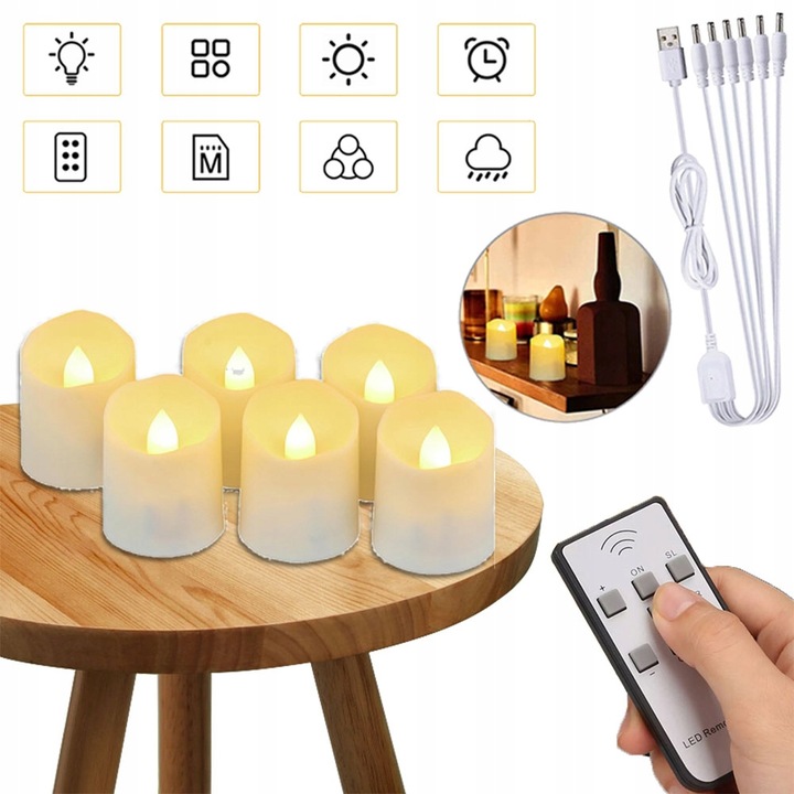 ZESTAW 6 ŚWIEC LED ŁADOWANE Z FUNKCJĄ TIMERA NA BOŻE NARODZENIE I HALLOWEEN