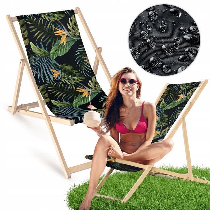 Leżak Drewniany AKWARELA NA CZARNYM Ogrodowy Plażowy Tarasowy Bukowy