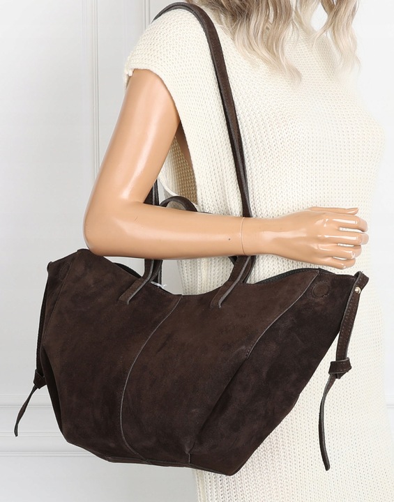 Włoska torebka damska VERA PELLE skórzana zamszowa shopper MB09 Czekoladowa