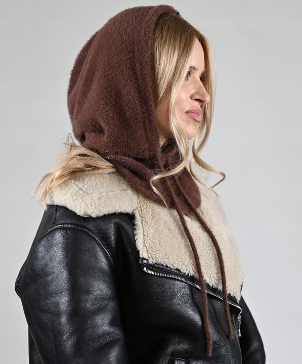 Czekoladowa Kominiarka KAPTUR komin Balaclava Czapka damska miekka zimowa