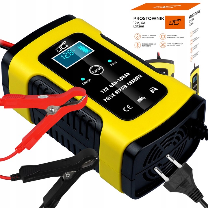 MOCNY PROSTOWNIK AUTOMATYCZNY SAMOCHODOWY LCD 100Ah LCD 12V 6A
