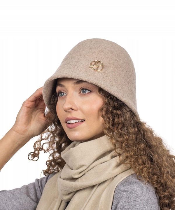 Jasnobeżowy Kapelusz Bucket Czapka Damski Wełniany Elegancki Gładki