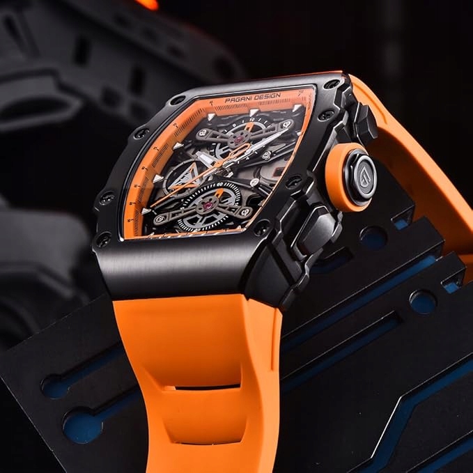 ZEGAREK MĘSKI PAGANI POMARAŃCZOWY KWARC SZKŁO SZAFIROWE ANALOGOWY PD-YS011