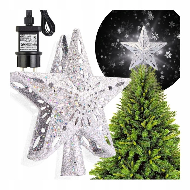 Gwiazda na choinkę LED srebrna brokatowa z projektorem płatki śniegu czubek
