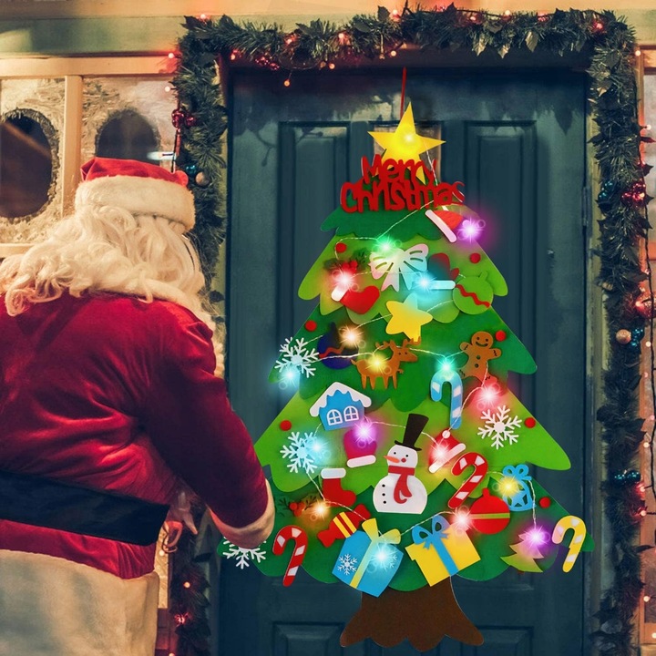 CHOINKA FILCOWA NA RZEPY Z OZDOBAMI DLA DZIECI ŚWIATEŁKA 50 LED NA ŚCIANĘ