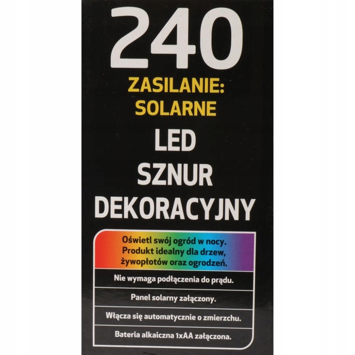 LAMPKI CHOINKOWE 240 LED-ZASILANIE SOLARNE MULTIKOLOR ZEWNĘTRZNE 22 METRY