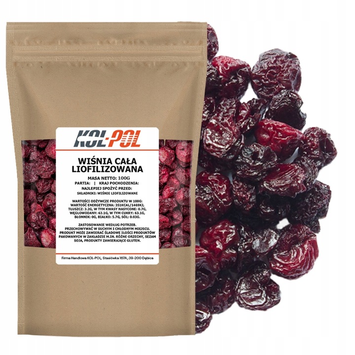 WIŚNIE LIOFILIZOWANE 100g Całe Owoce liofilizowane Wiśnia jakość Kol-Pol