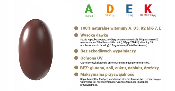 ADEK FORTE A,D3,E,K2 MK-7 oleju MCT KOKOSA 120kaps