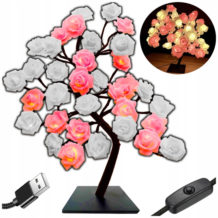 LAMPKA NOCNA DRZEWKO 48 RÓŻ do sypialni PREZENT NA WALENTYNKI Lampa LED USB