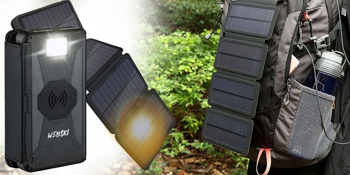 WEBSKI POWERBANK SOLARNY MOCNE 4 PANELE SOLARNE POJEMNOŚĆ 20000MAH USB-C