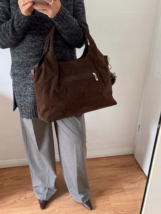 Torebka Flora&Co duża czekoladowa zamsz eco zamszowa breloczek brąz shopper