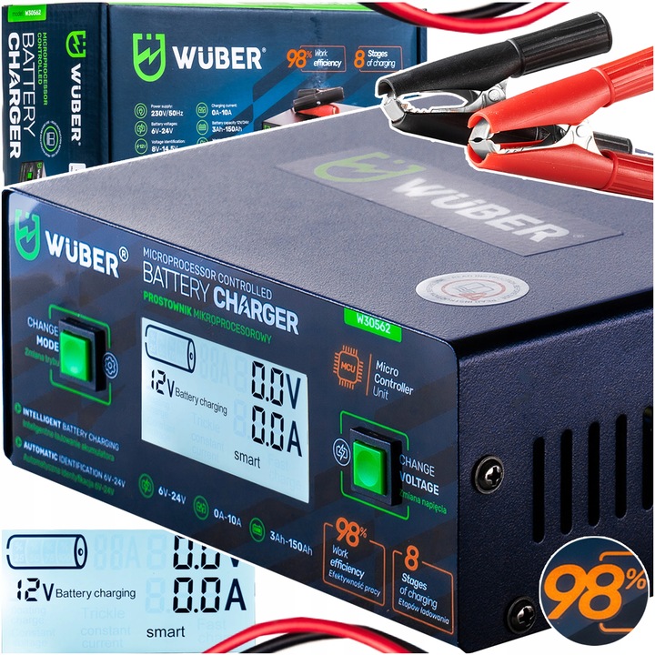 PROSTOWNIK 6/8/12/14/16/24V MIKROPROCESOROWY ŁADOWARKA DO AKUMULATORA 10A