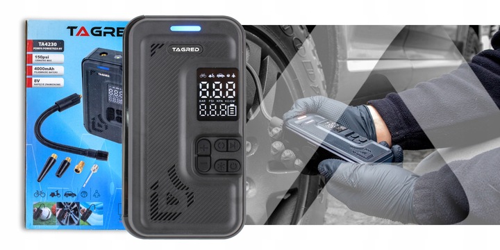 KOMPRESOR SAMOCHODOWY Pompka Elektryczna Sprężarka do kół 8V 4000mAh LCD