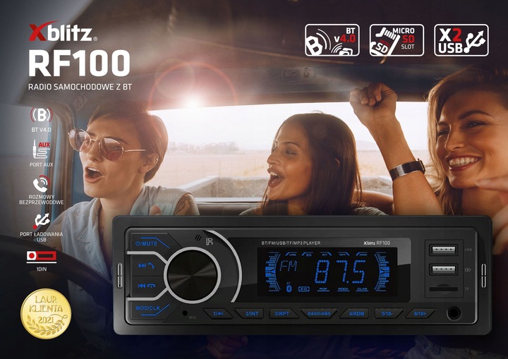 Xblitz RF100 Radio samochodowe Bluetooth MP3 USB AUX VarioColor + pilot