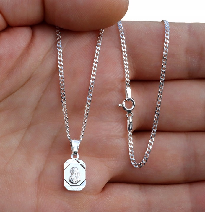 ŁAŃCUSZEK SREBRNY MEDALIK KOMUNIJNY MATKA BOSKA NA KOMUNIĘ NA CHRZEST 50 cm