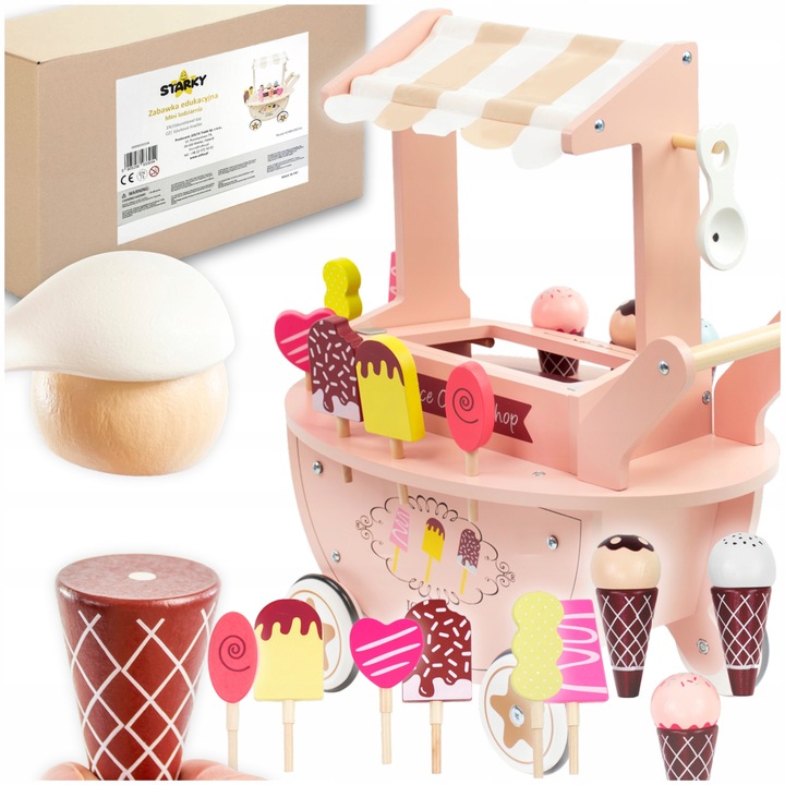 Lodziarnia drewniana dla dzieci zabawka wózek na kółkach lody gałki patyku