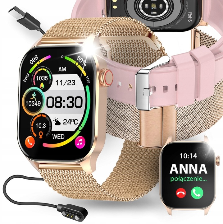 SMARTWATCH DAMSKI ZEGAREK POMIAR GLUKOZY CIŚNIENIE MENU PL ROZMOWY 2 PASKI